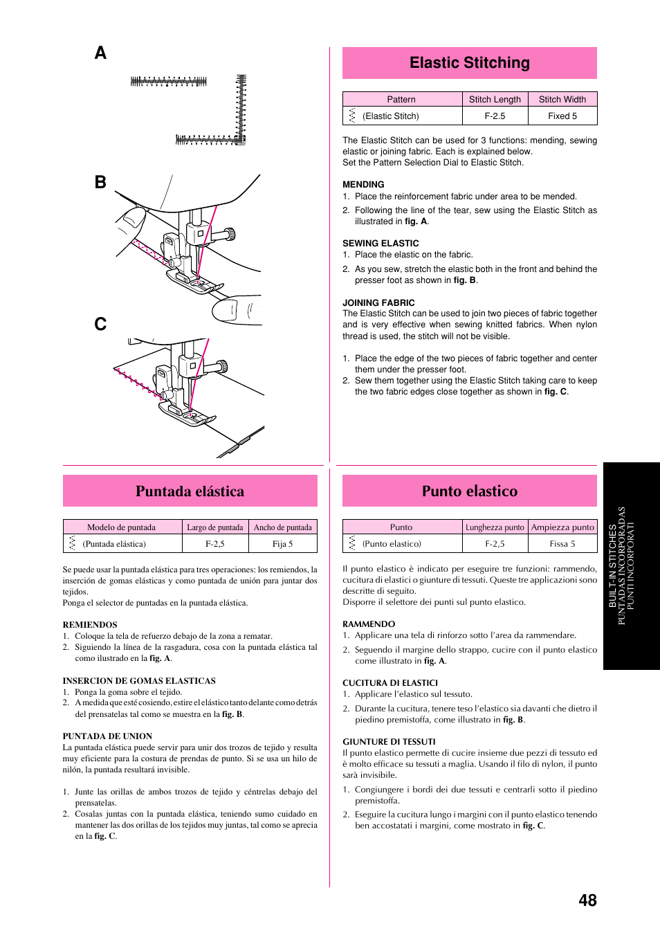 Ab c, Elastic stitching, Punto elastico | Puntada elástica | Brother XL-6063 User Manual | Page 59 / 101