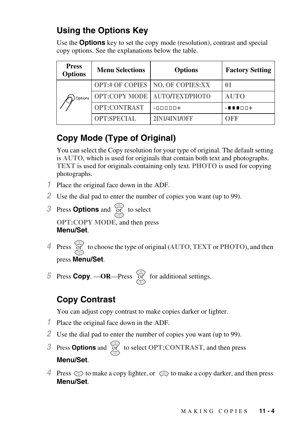 Using the options key, Copy mode (type of original), Copy contrast | Brother fax2800 User Manual | Page 99 / 148