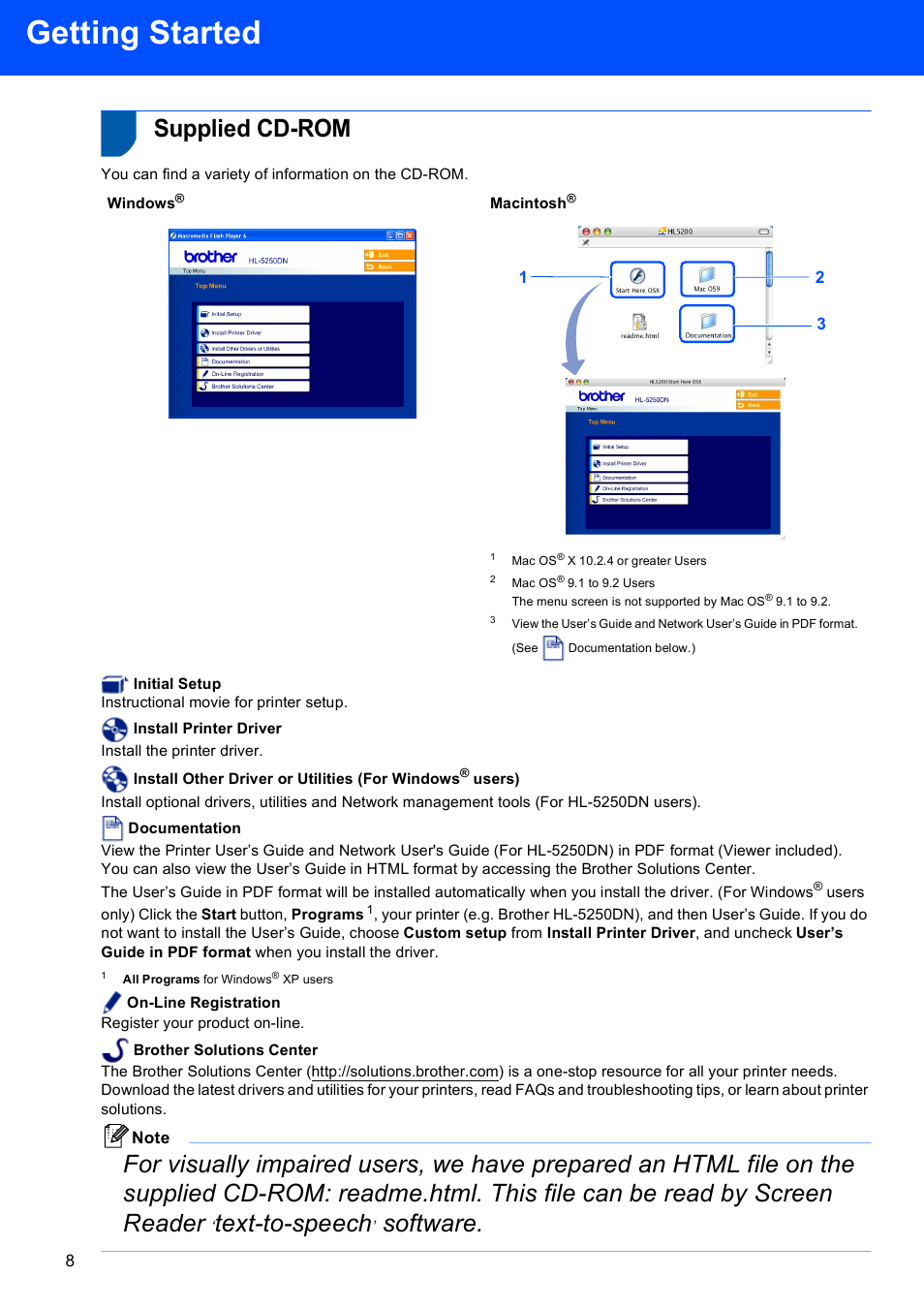 Supplied cd-rom, Getting started, Text-to-speech | Software | Brother HL-5240L User Manual | Page 10 / 34