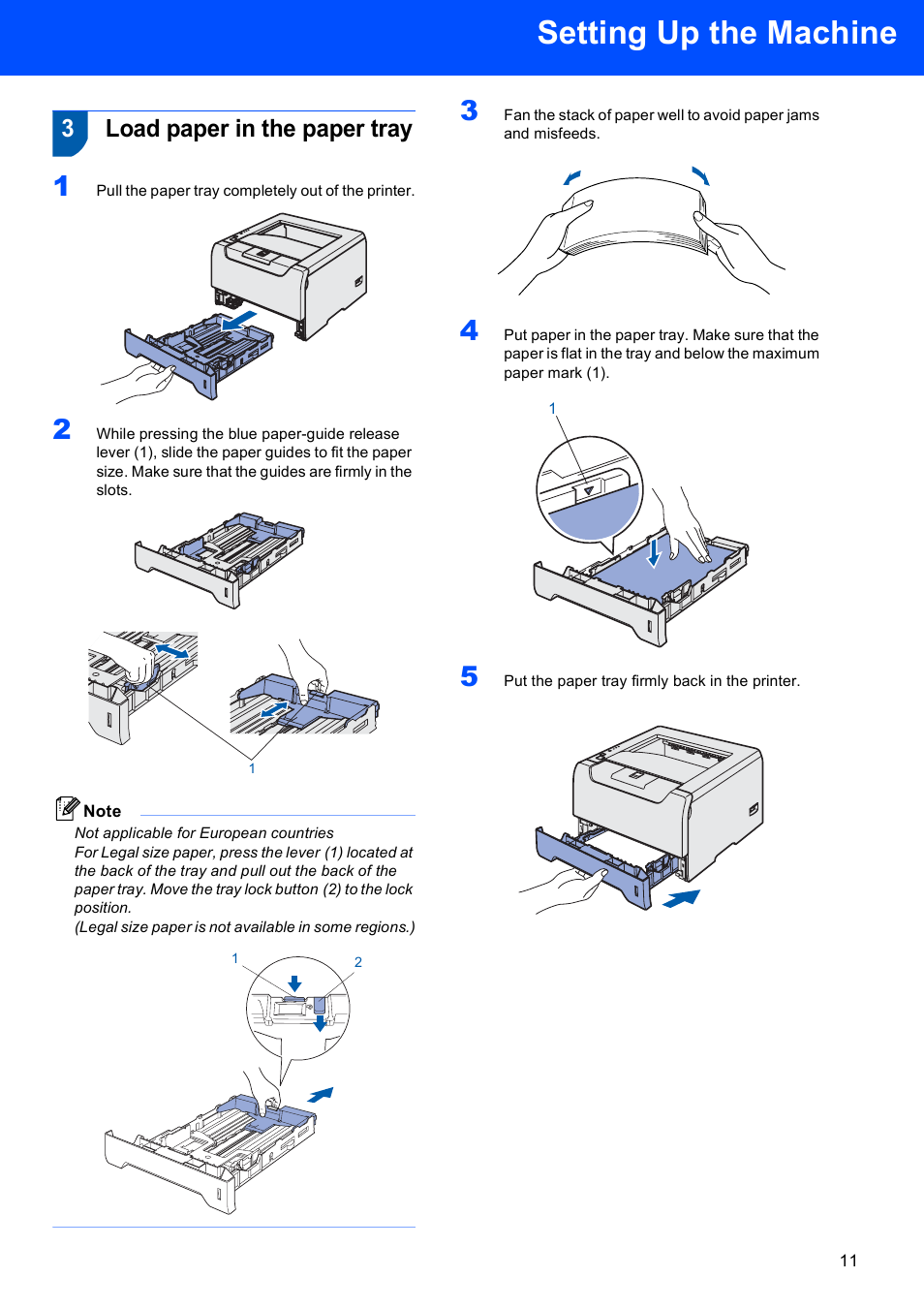 Load paper in the paper tray, Setting up the machine, 3load paper in the paper tray | Brother HL-5240L User Manual | Page 13 / 34