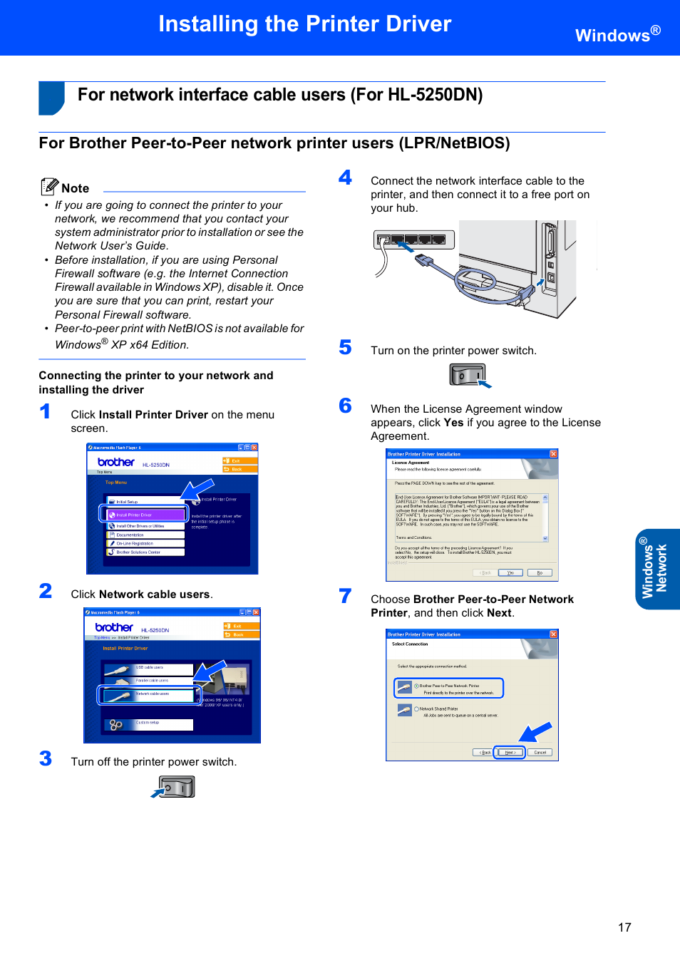 For network interface cable users (for hl-5250dn), Installing the printer driver, Windows | Brother HL-5240L User Manual | Page 19 / 34