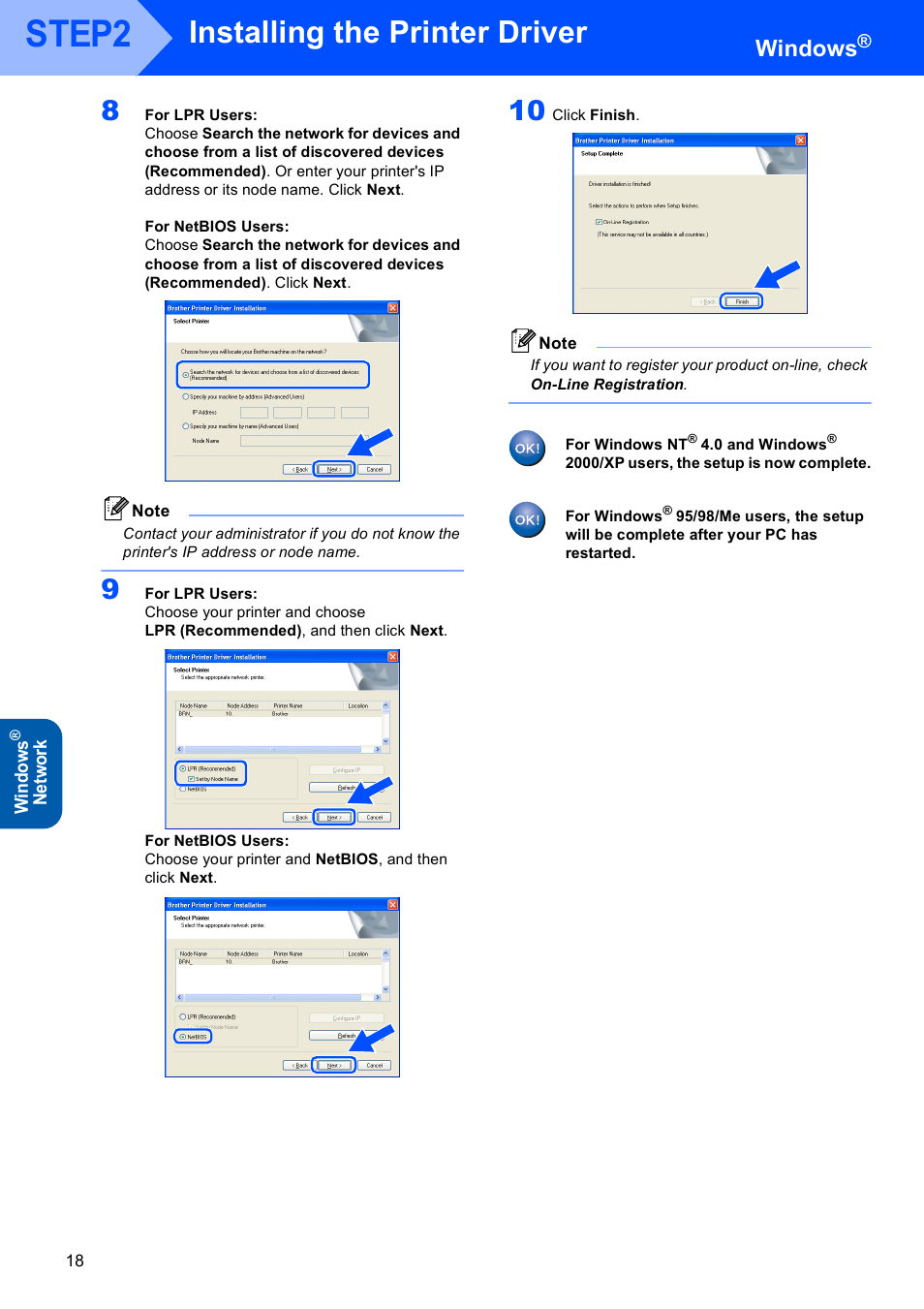 Step2, Installing the printer driver, Windows | Wind ow s, Ne tw or k | Brother HL-5240L User Manual | Page 20 / 34