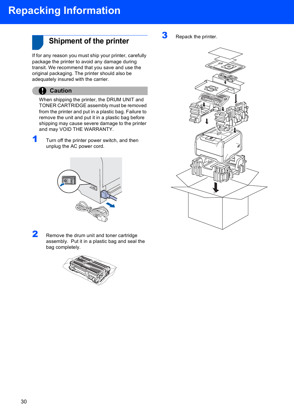 Repacking information, Shipment of the printer, Caution | Brother HL-5240L User Manual | Page 32 / 34