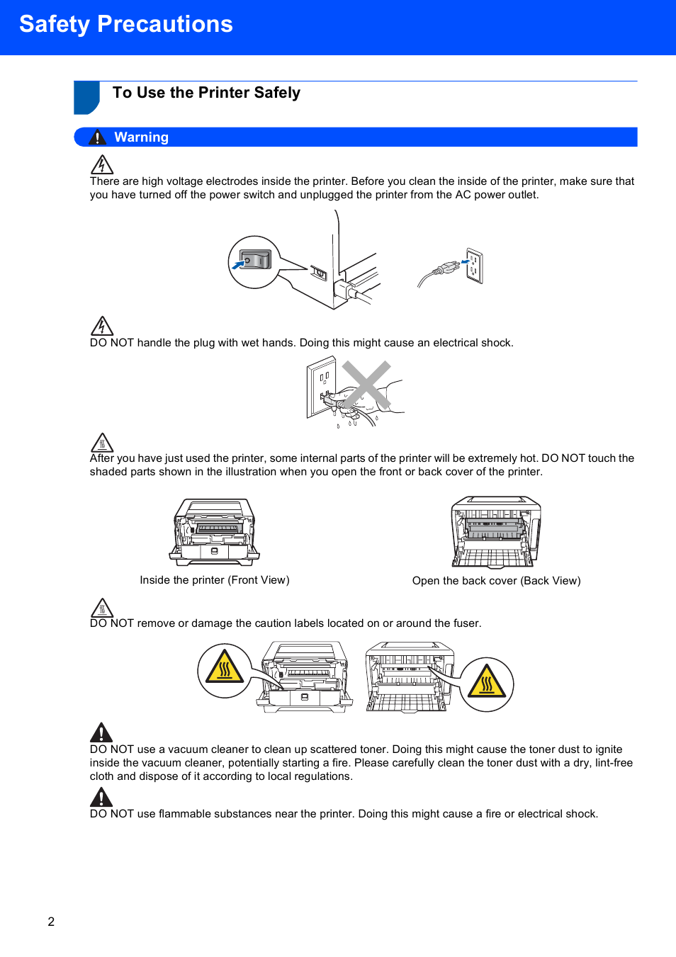 Safety precautions, To use the printer safely, Warning | Brother HL-5240L User Manual | Page 4 / 34