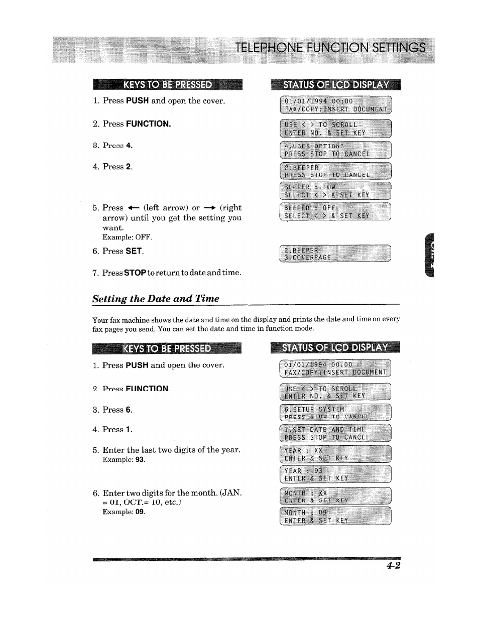 Keys to be pressed, Status of lcd display, Telephone function settings | Setting the date and time | Brother Fax 980 M User Manual | Page 25 / 88