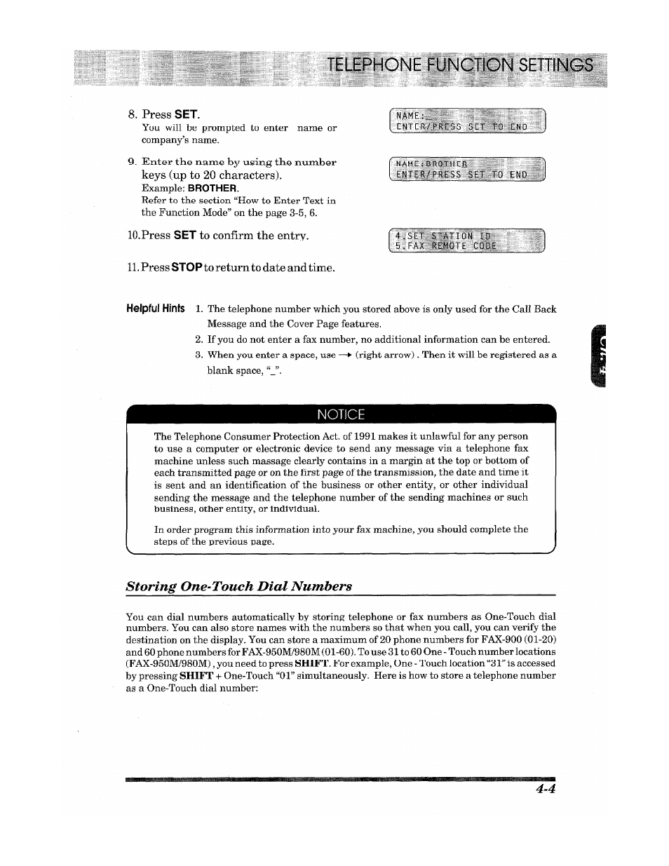 Press set, Press set to confirm the entry, Pres s sto p to return to date and time | Storing one-touch dial numbers | Brother Fax 980 M User Manual | Page 27 / 88
