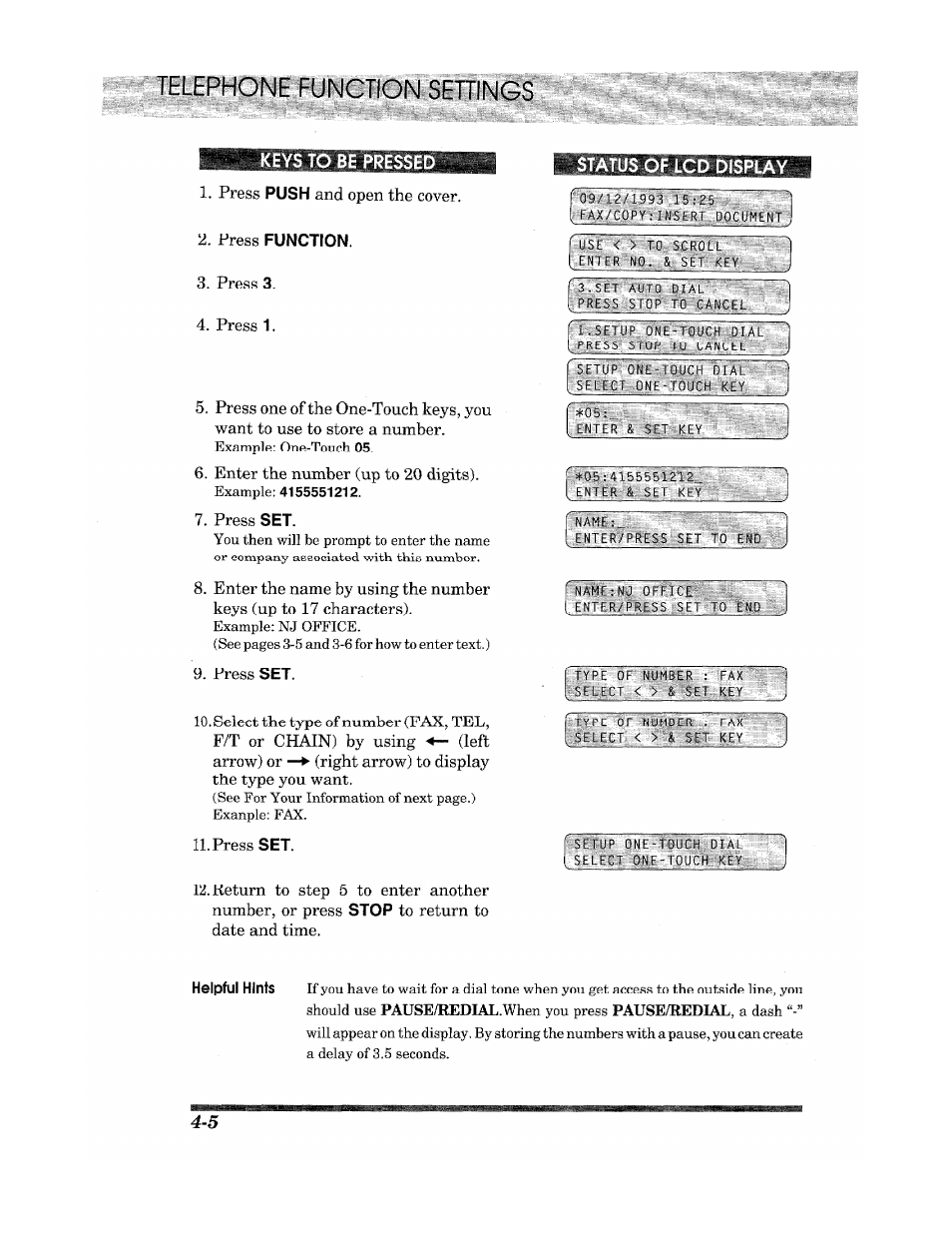 Keys to be pressed, Press function, Status of lcd display | Brother Fax 980 M User Manual | Page 28 / 88