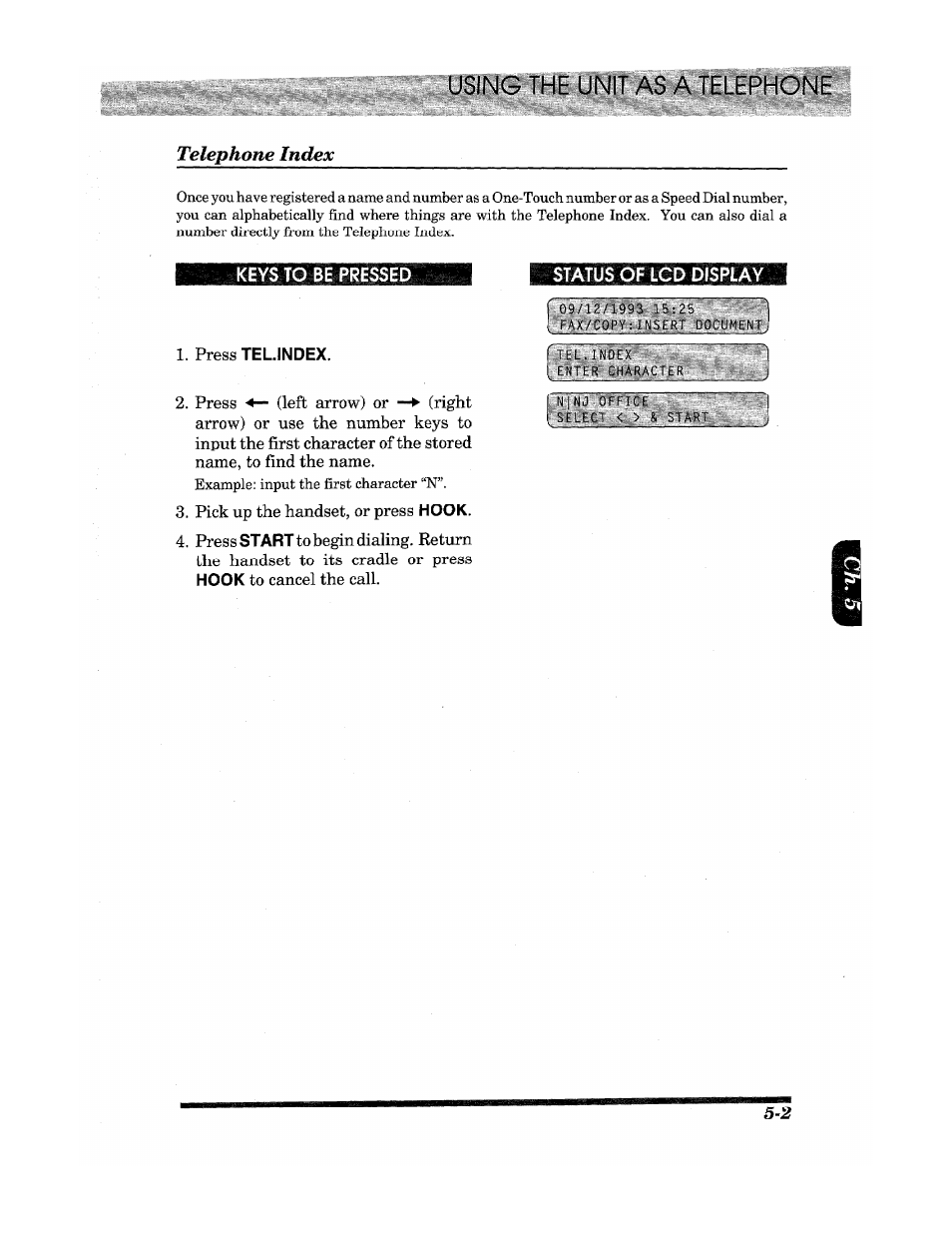 Using the unit as a telephone, Telephone index, Keys to be pressed | Status of lcd display | Brother Fax 980 M User Manual | Page 33 / 88