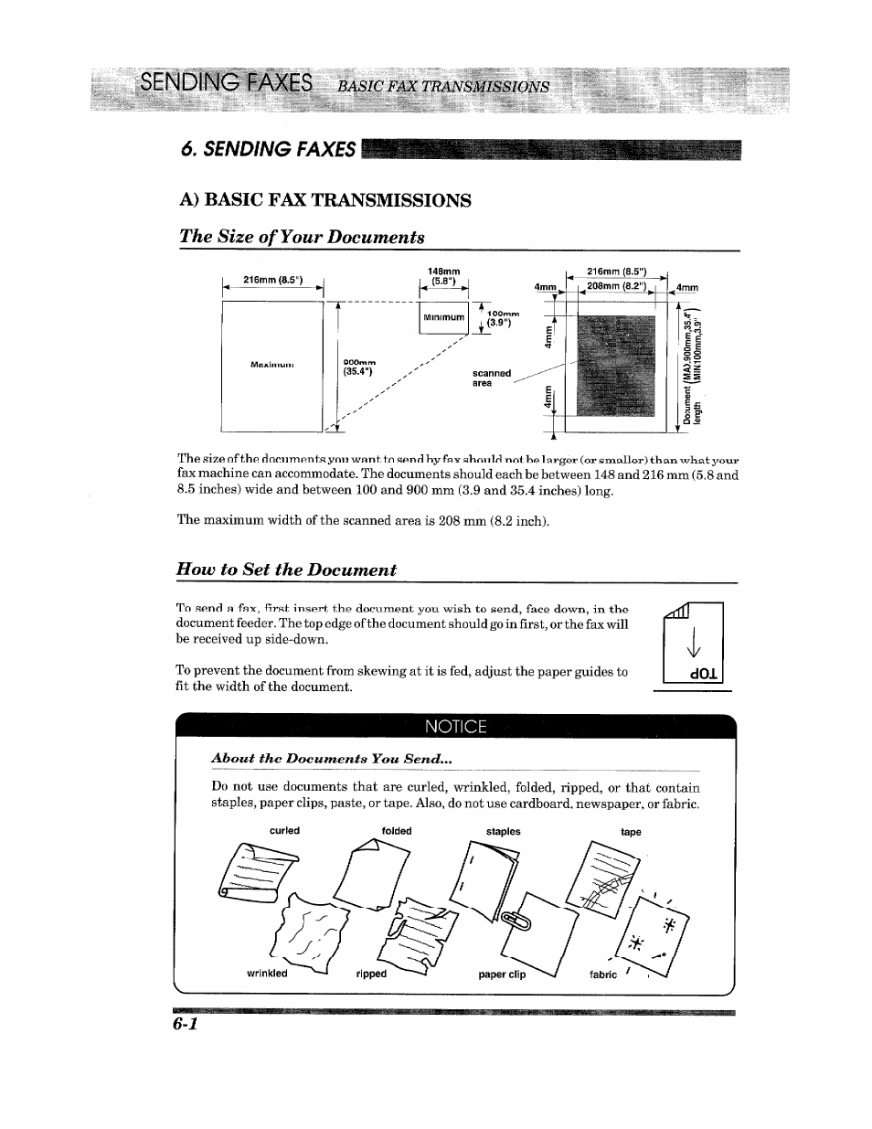 Sending faxes basic fax tram, Sending faxes, A) basic fax transmissions | The size of your documents, How to set the document | Brother Fax 980 M User Manual | Page 34 / 88