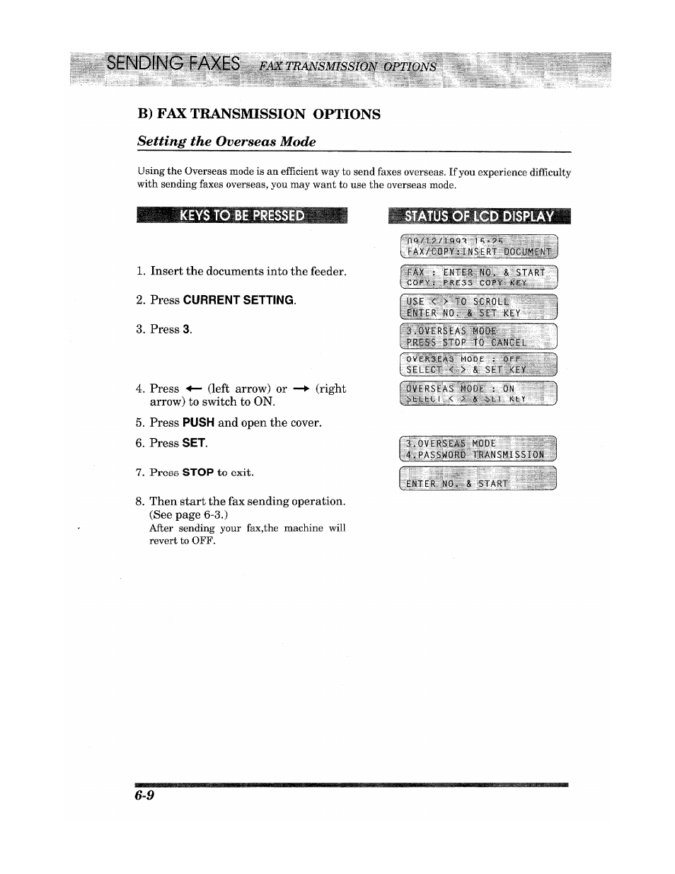 Ding faxes, Setting the overseas mode, B) fax transmission options | Brother Fax 980 M User Manual | Page 42 / 88