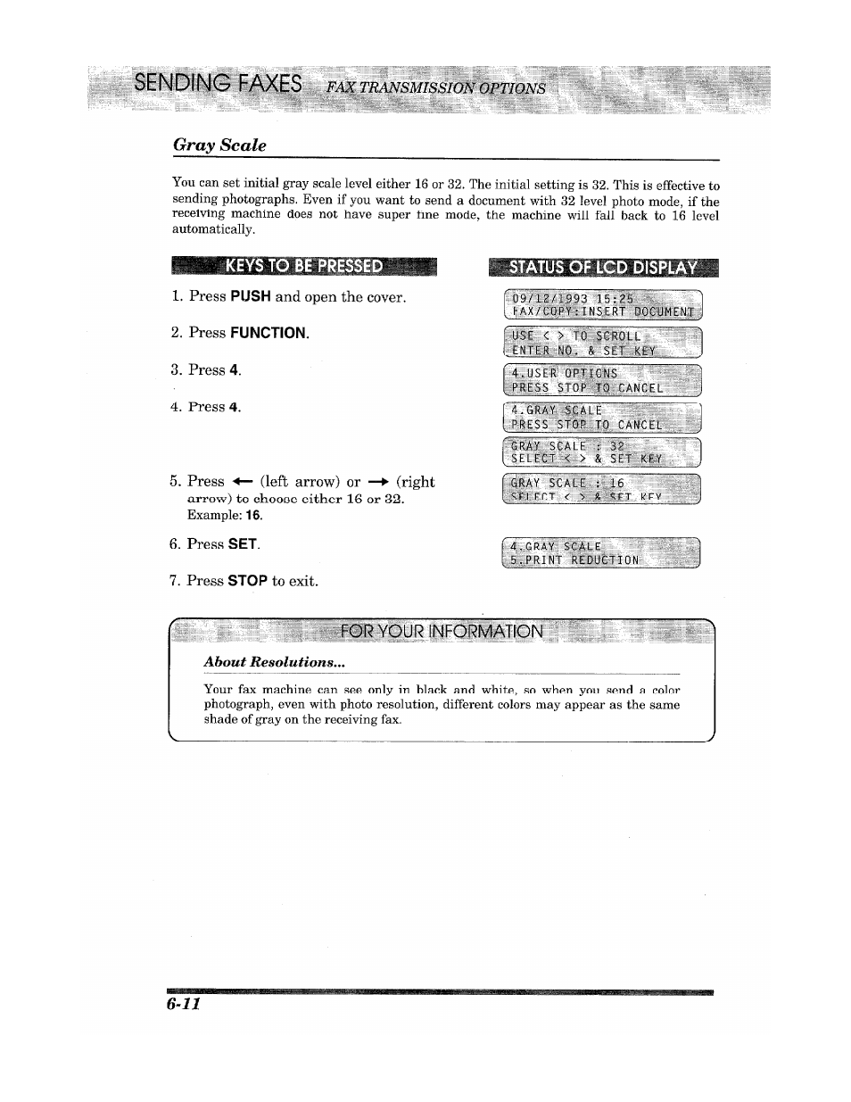 Gray scale, Status of lcd display, Sending faxes | Brother Fax 980 M User Manual | Page 44 / 88