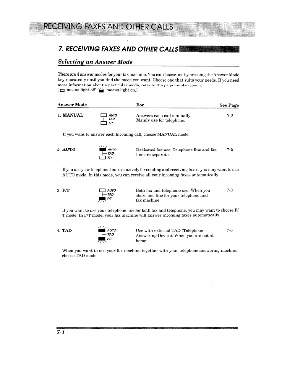 Receiving faxes and other causl, Selecting an answer mode, Receiving faxes and other calls | Brother Fax 980 M User Manual | Page 50 / 88