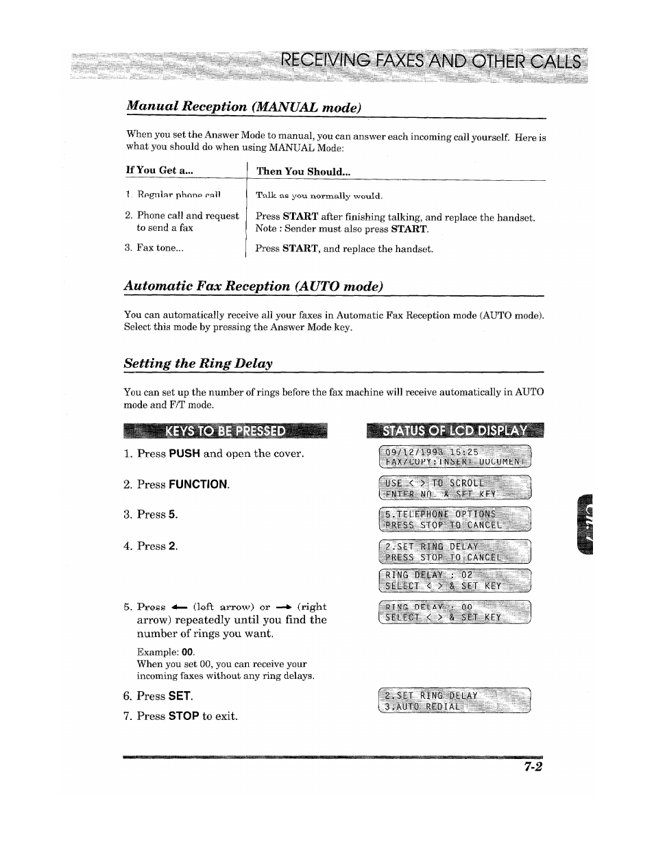 Automatic fa^ reception (auto mode), Setting the ring delay, Number of rings you want. example: 00 | Press set, Press stop to exit, Status of lcd display, Manual reception (manual mode) | Brother Fax 980 M User Manual | Page 51 / 88