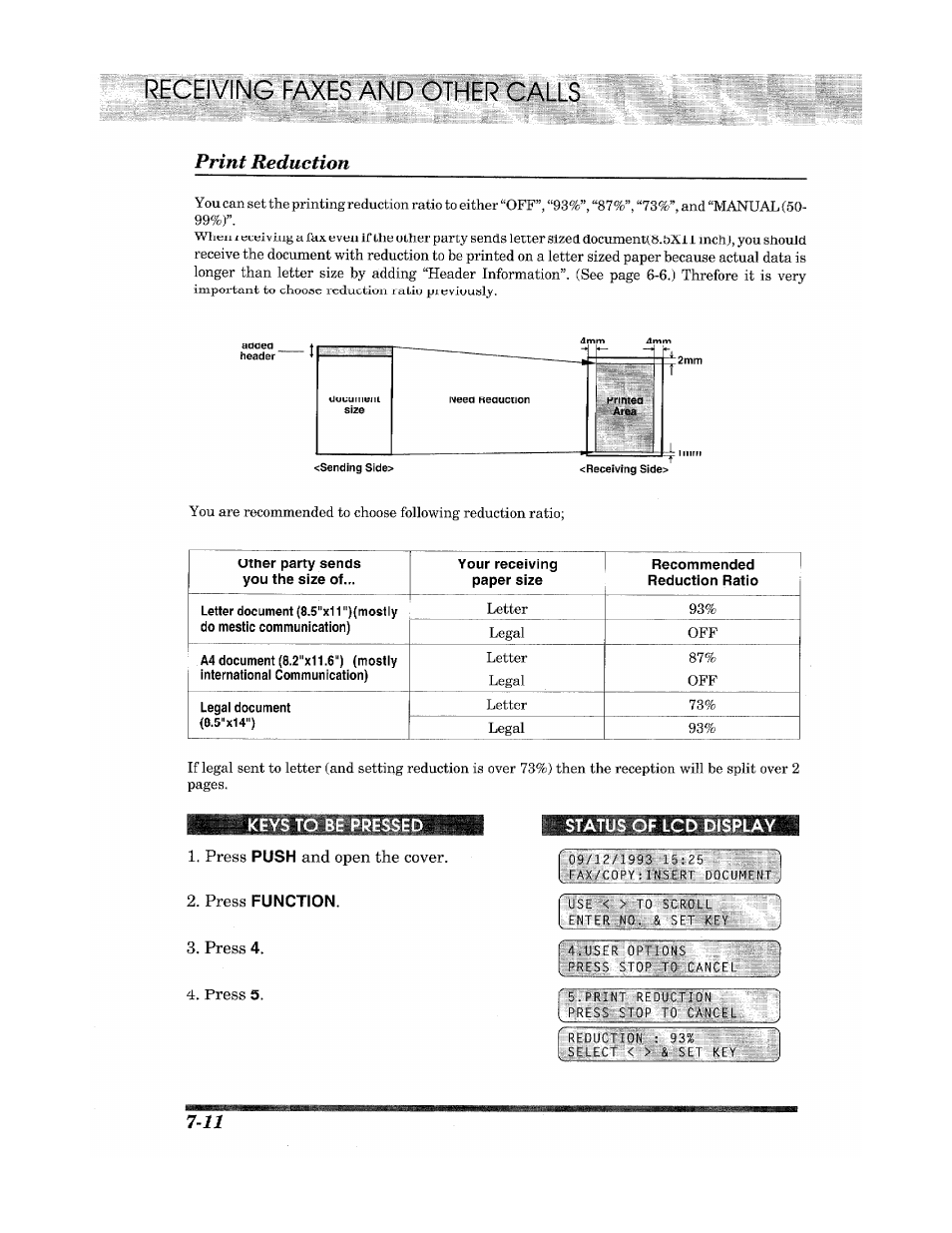Print reduction, Òther calls, Be press | Press push and open the cover, Status of lcd display | Brother Fax 980 M User Manual | Page 60 / 88