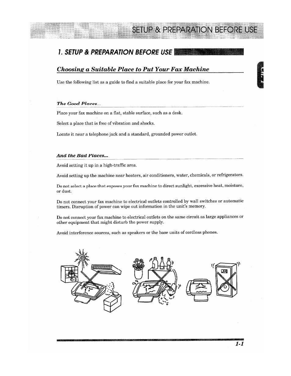 Setup & preparation before use, Choosing a suitable place to put your fax machine | Brother Fax 980 M User Manual | Page 7 / 88