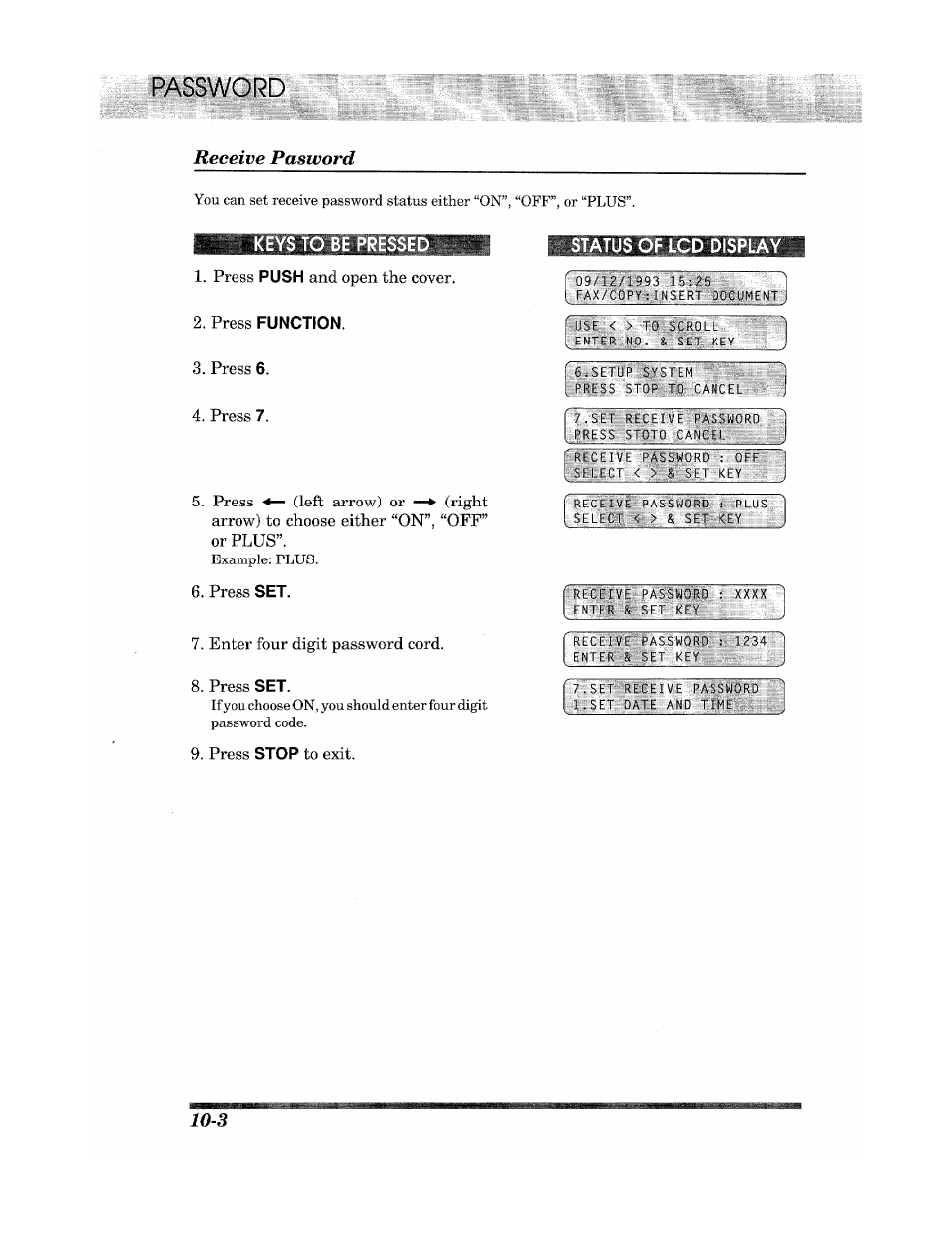 Receive pasword, Keys to be presse, Press set | Press stop to exit, Status of lcd display, Password, Illb | Brother Fax 980 M User Manual | Page 70 / 88