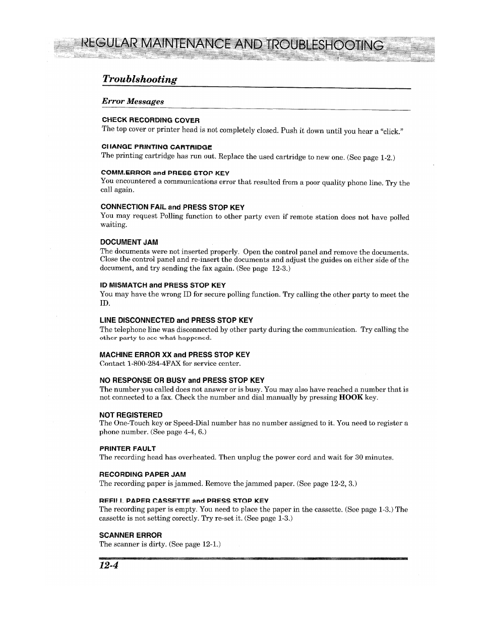 Troublshooting, Iwirfreniknce and troubleshooting | Brother Fax 980 M User Manual | Page 78 / 88
