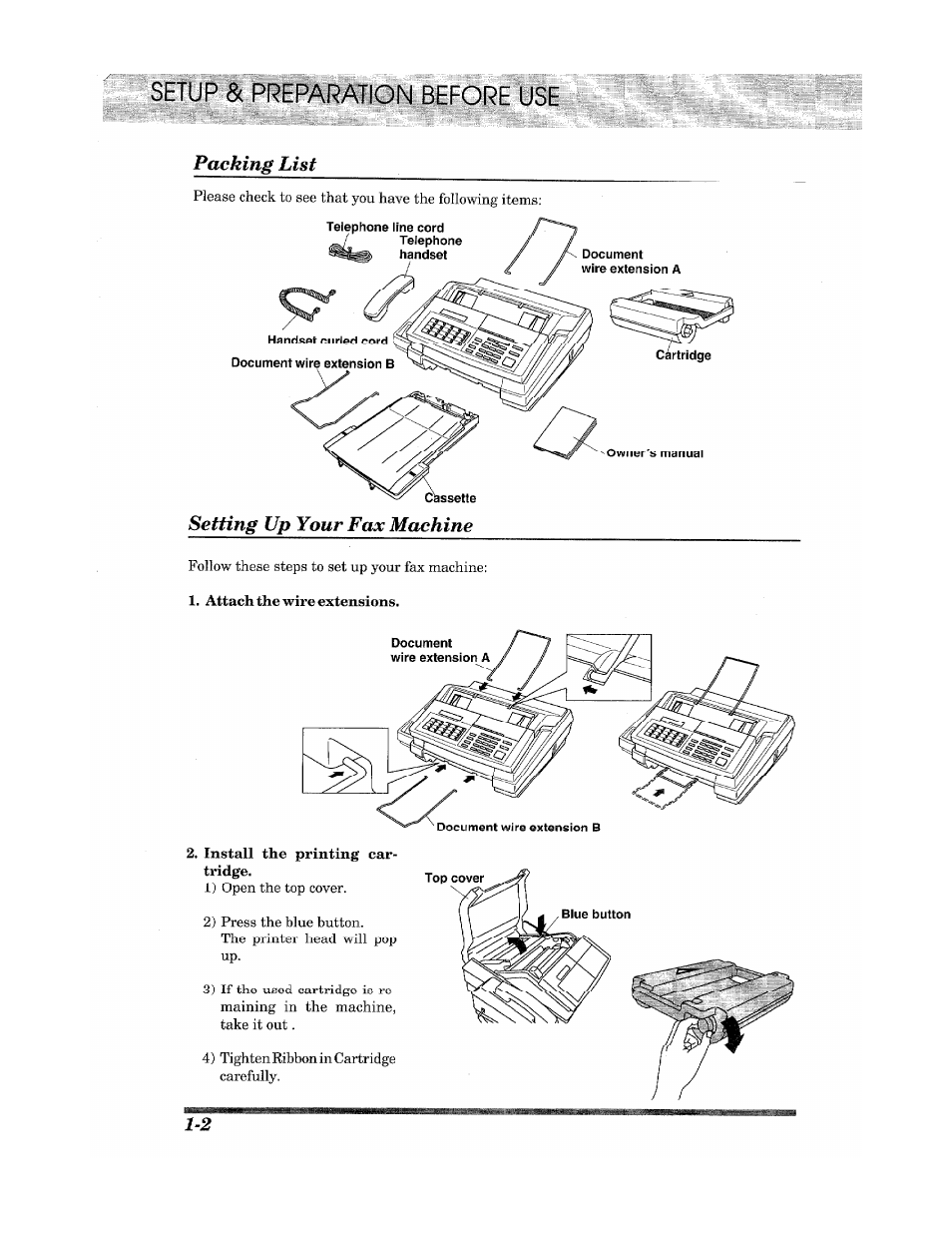 Setup, Packing list, Setting up your fax machine | Brother Fax 980 M User Manual | Page 8 / 88