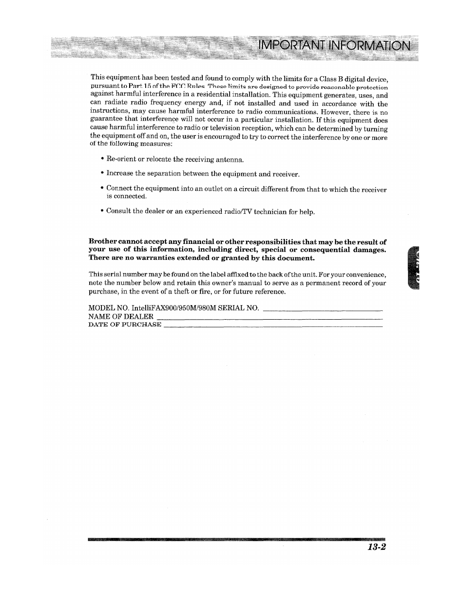 Important information | Brother Fax 980 M User Manual | Page 81 / 88