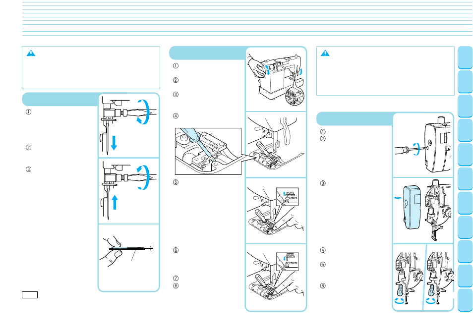 Changing needles and light bulb, Changing the needle, Changing the feed pin | Changing light bulbs, Changing, Needles and, Light bulb | Brother PQ-1500 User Manual | Page 10 / 25