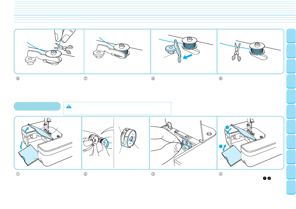 Bobbin insertion, Caution – moving parts | Brother PQ-1500 User Manual | Page 12 / 25