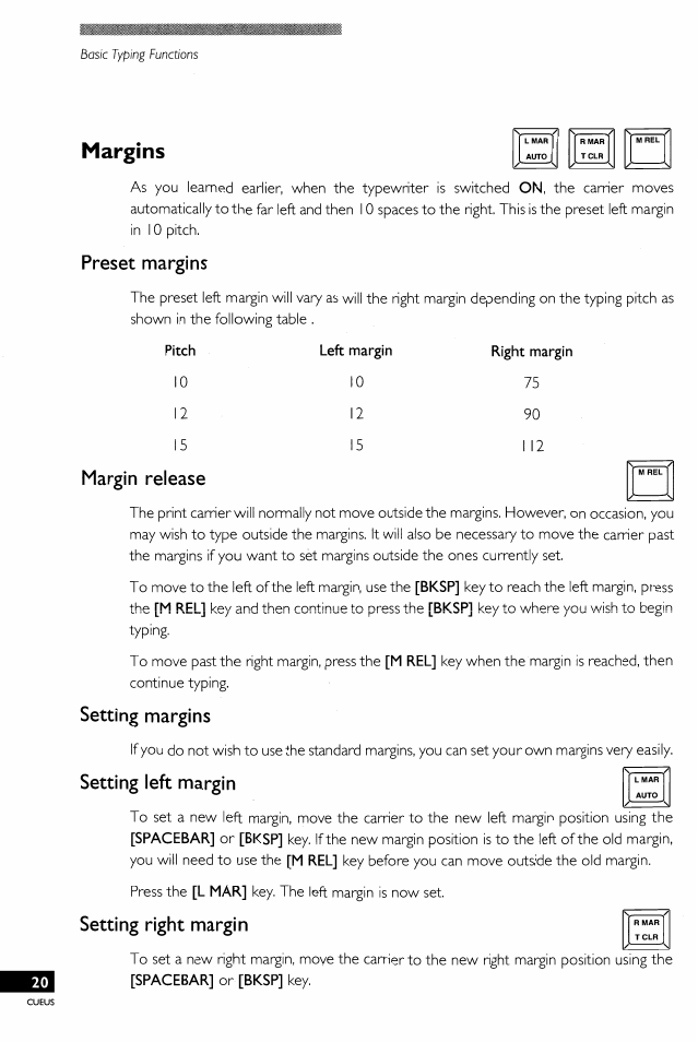 Margins, Preset margins, Margin release | Setting margins, Setting left margin, Setting right margin | Brother EM-430 User Manual | Page 24 / 60