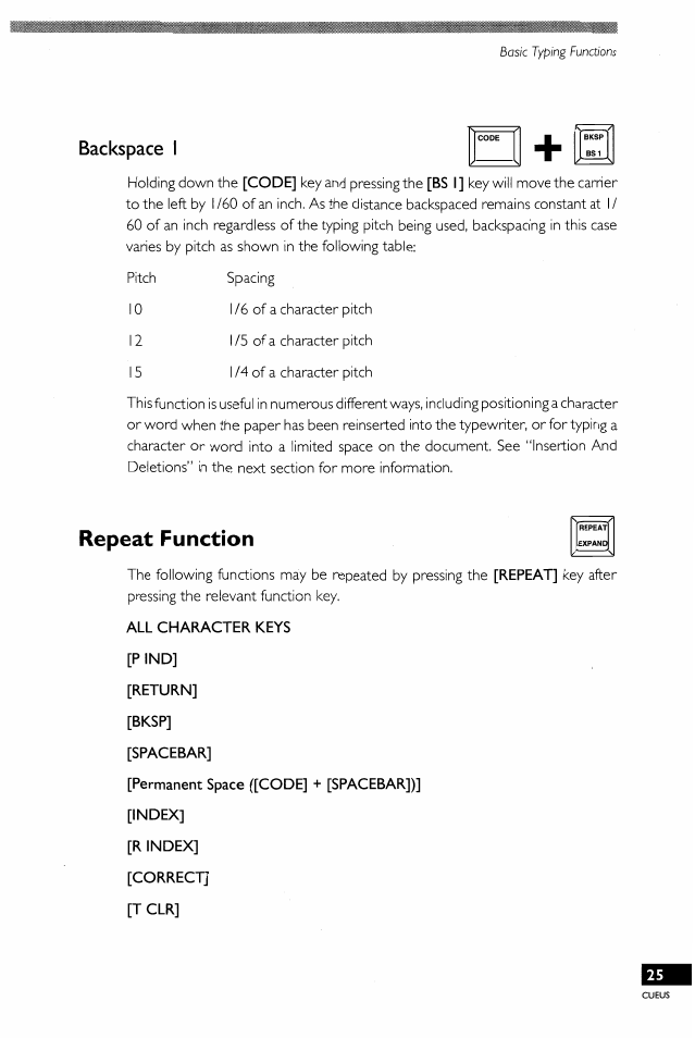 Backspace i, Repeat function | Brother EM-430 User Manual | Page 29 / 60