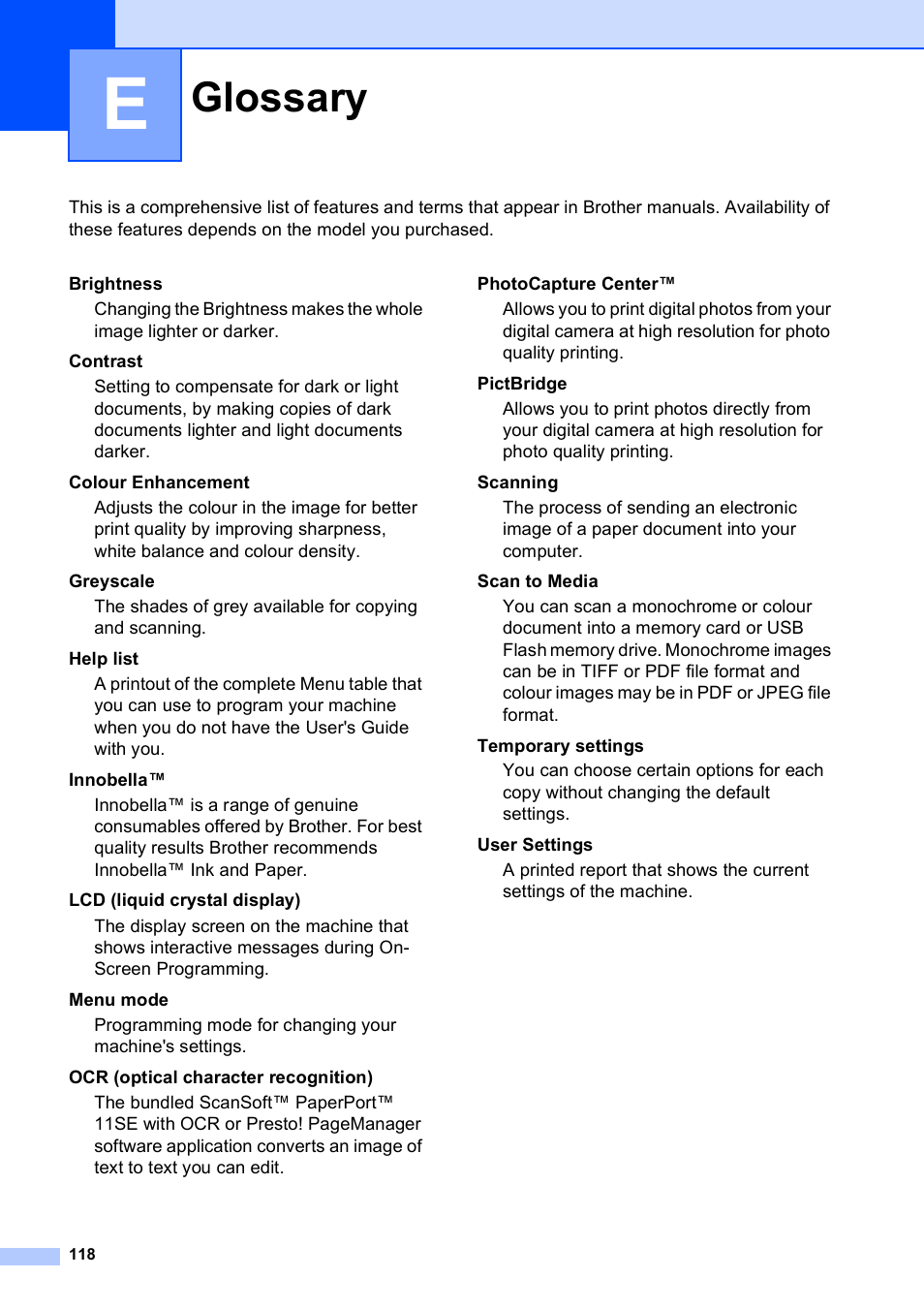 E glossary, Glossary | Brother DCP-395CN User Manual | Page 126 / 130