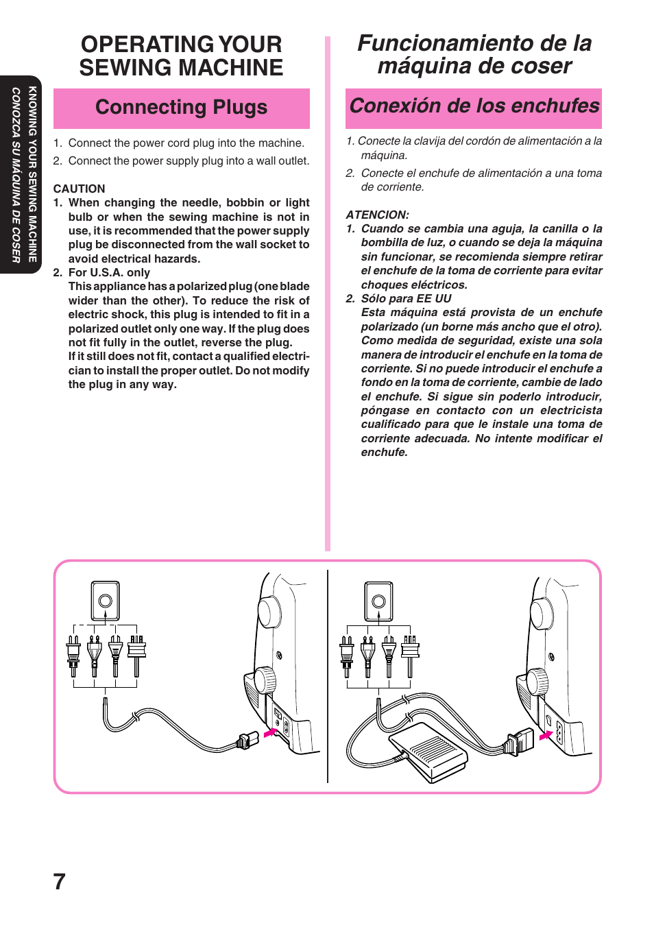 Funcionamiento de la máquina de coser, Operating your sewing machine, Conexión de los enchufes | Connecting plugs | Brother STAR 120E User Manual | Page 14 / 93
