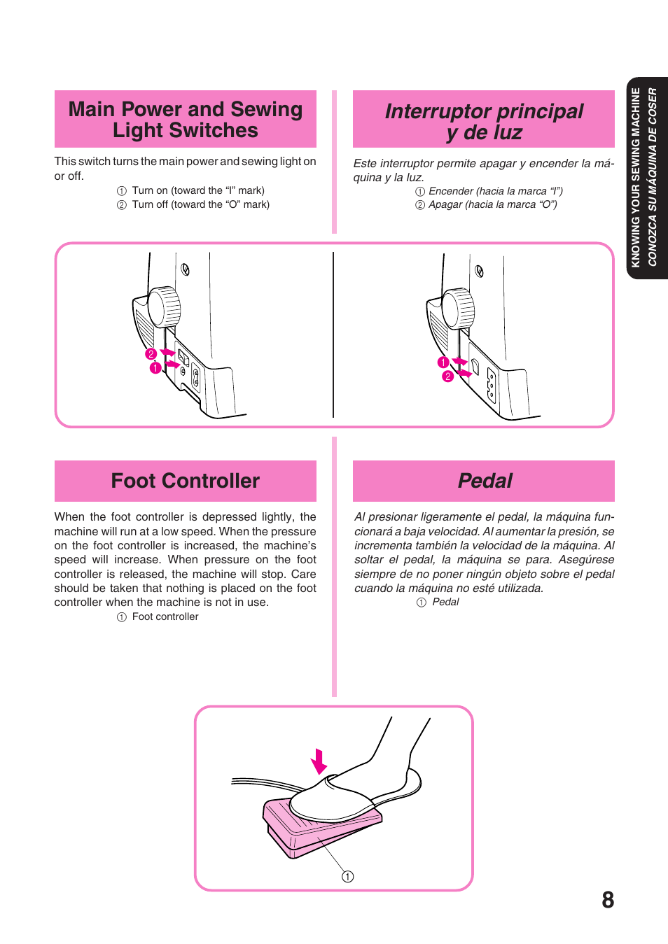 Interruptor principal y de luz, Pedal, Main power and sewing light switches | Foot controller | Brother STAR 120E User Manual | Page 15 / 93