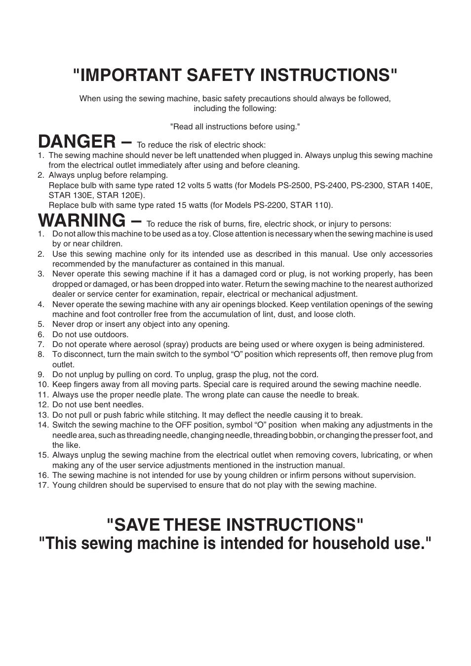 Danger, Warning, Important safety instructions | Brother STAR 120E User Manual | Page 2 / 93