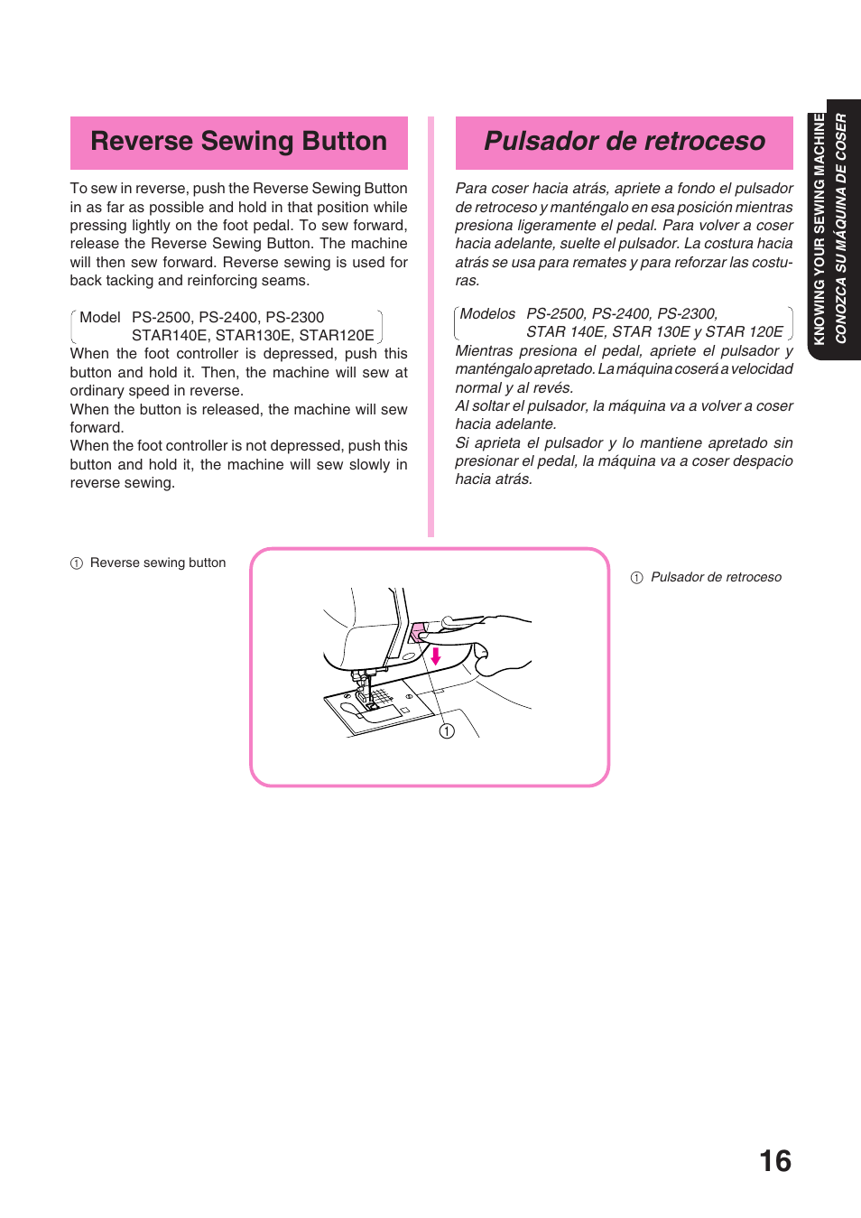 Pulsador de retroceso, Reverse sewing button | Brother STAR 120E User Manual | Page 23 / 93