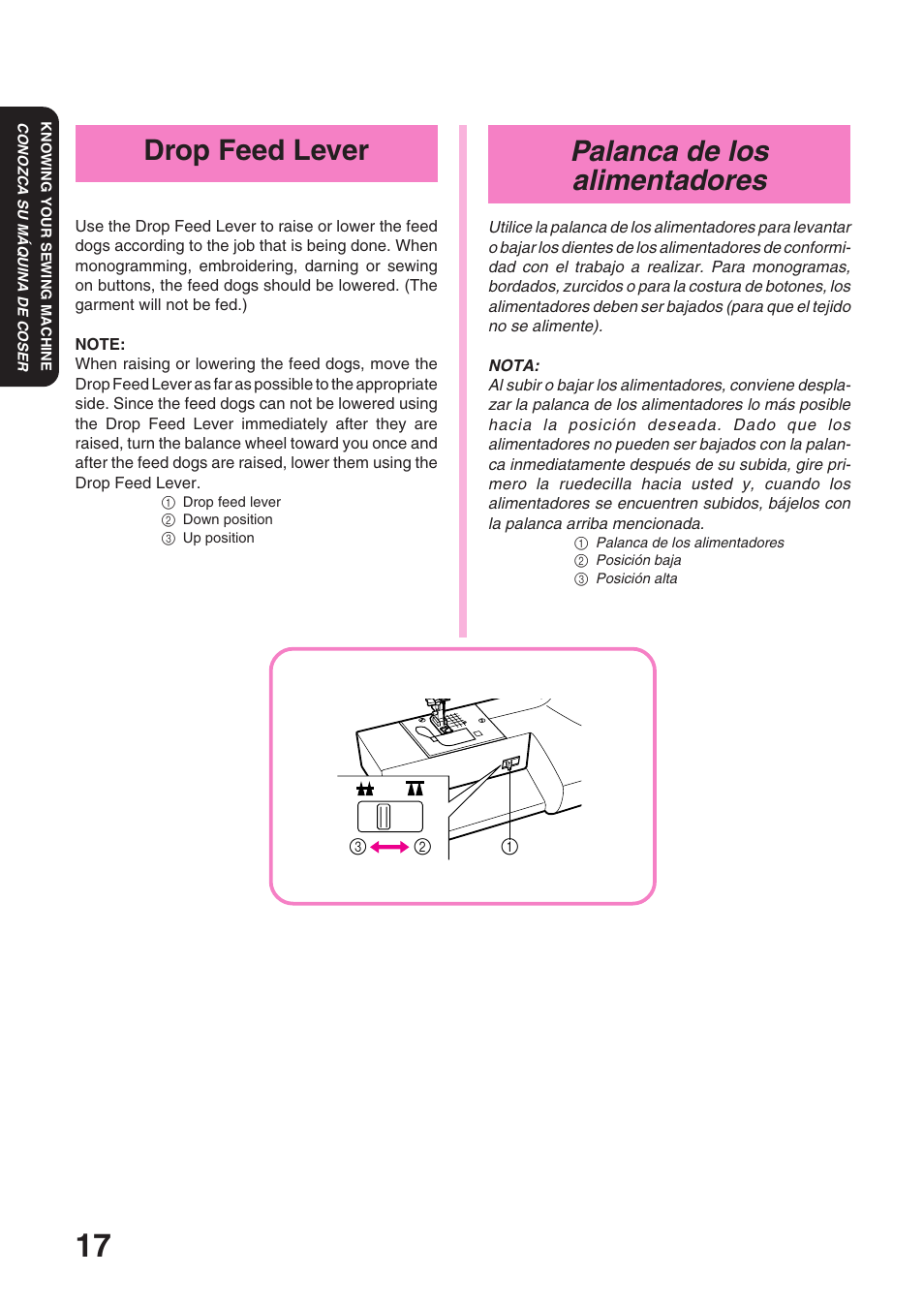 Palanca de los alimentadores, Drop feed lever | Brother STAR 120E User Manual | Page 24 / 93