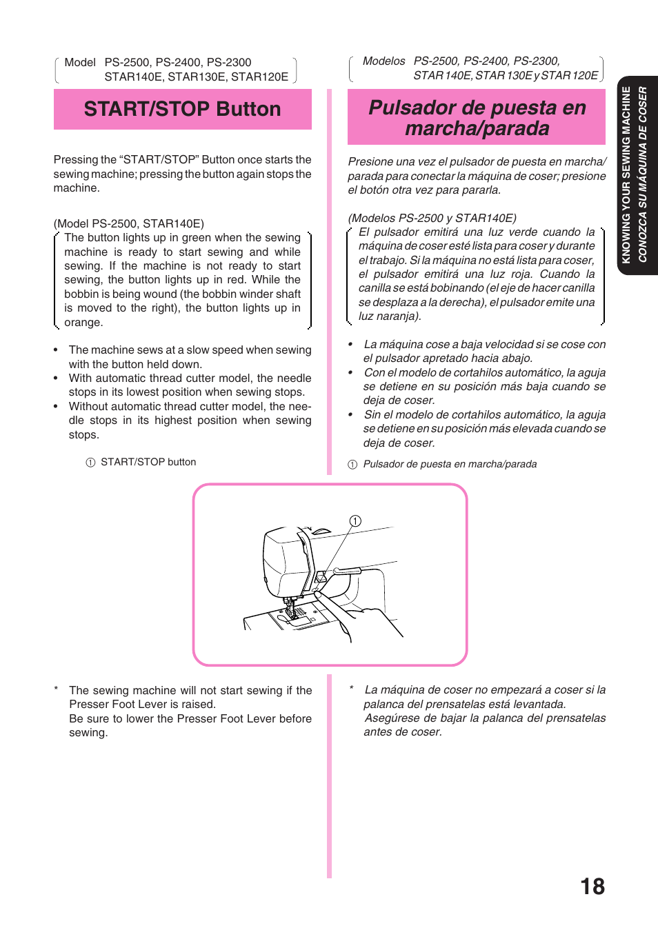 Pulsador de puesta en marcha/parada, Start/stop button | Brother STAR 120E User Manual | Page 25 / 93