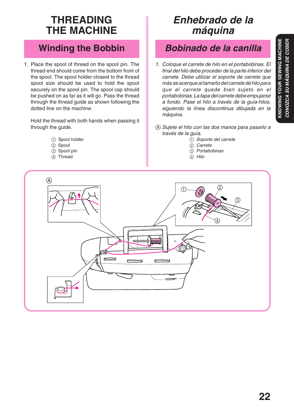 Enhebrado de la máquina, Threading the machine, Bobinado de la canilla | Winding the bobbin | Brother STAR 120E User Manual | Page 29 / 93