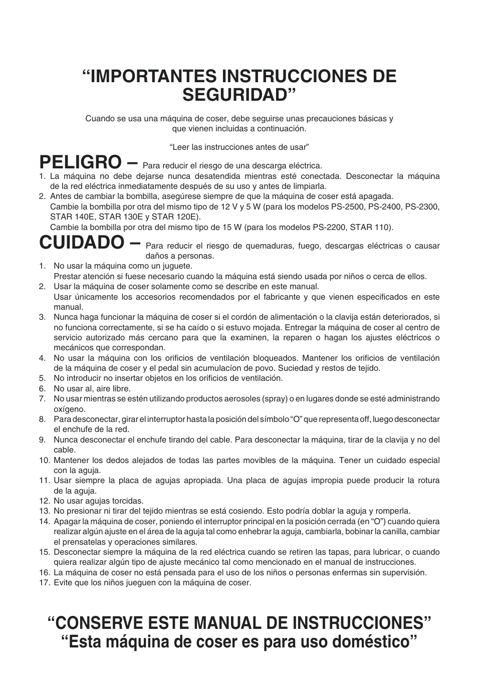 Peligro, Cuidado, Importantes instrucciones de seguridad | Brother STAR 120E User Manual | Page 3 / 93