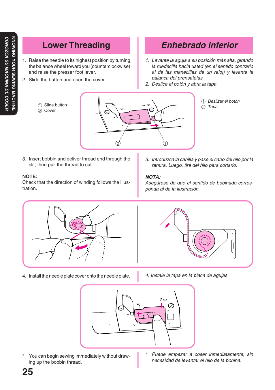 Enhebrado inferior, Lower threading | Brother STAR 120E User Manual | Page 32 / 93