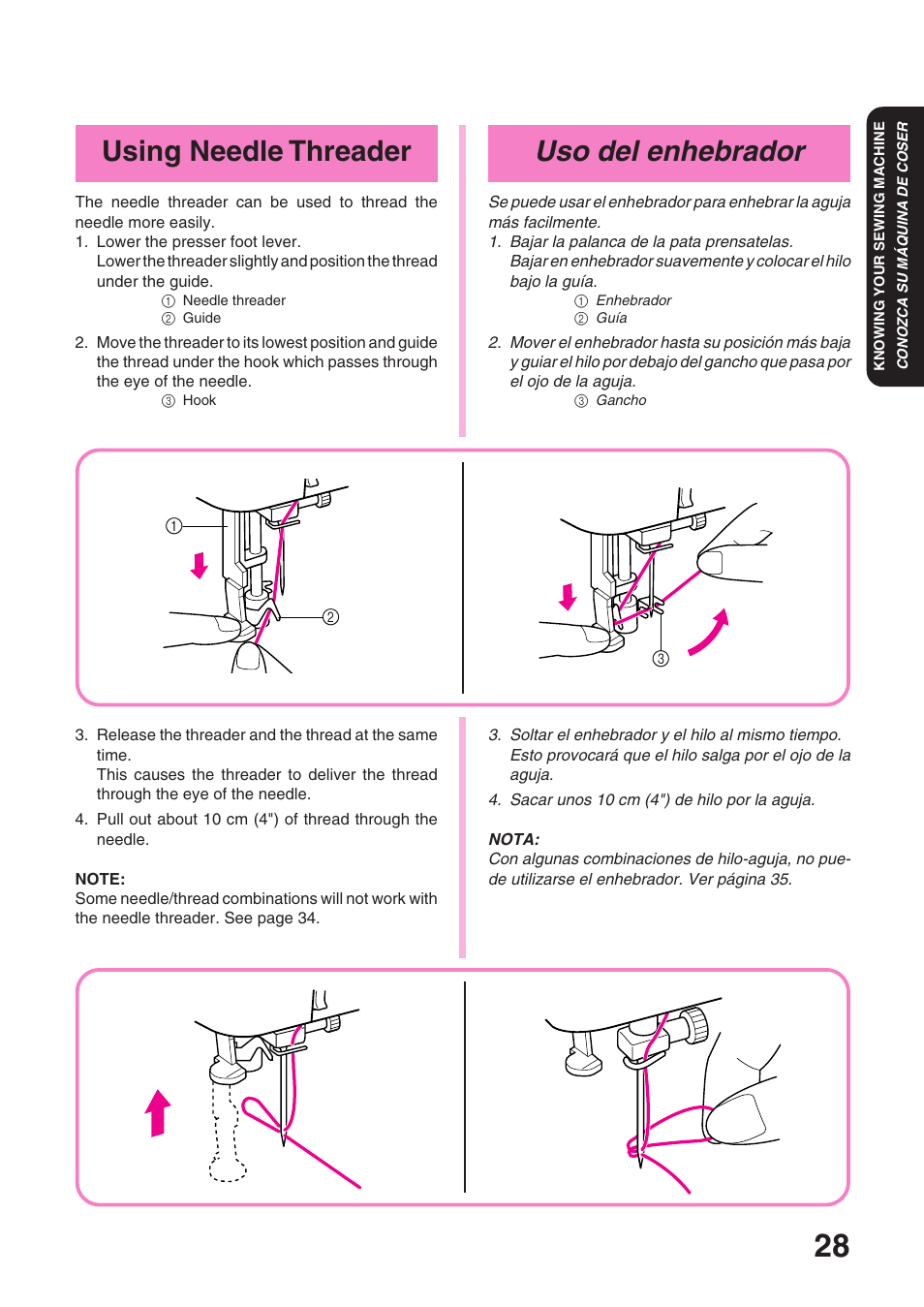 Uso del enhebrador, Using needle threader | Brother STAR 120E User Manual | Page 35 / 93