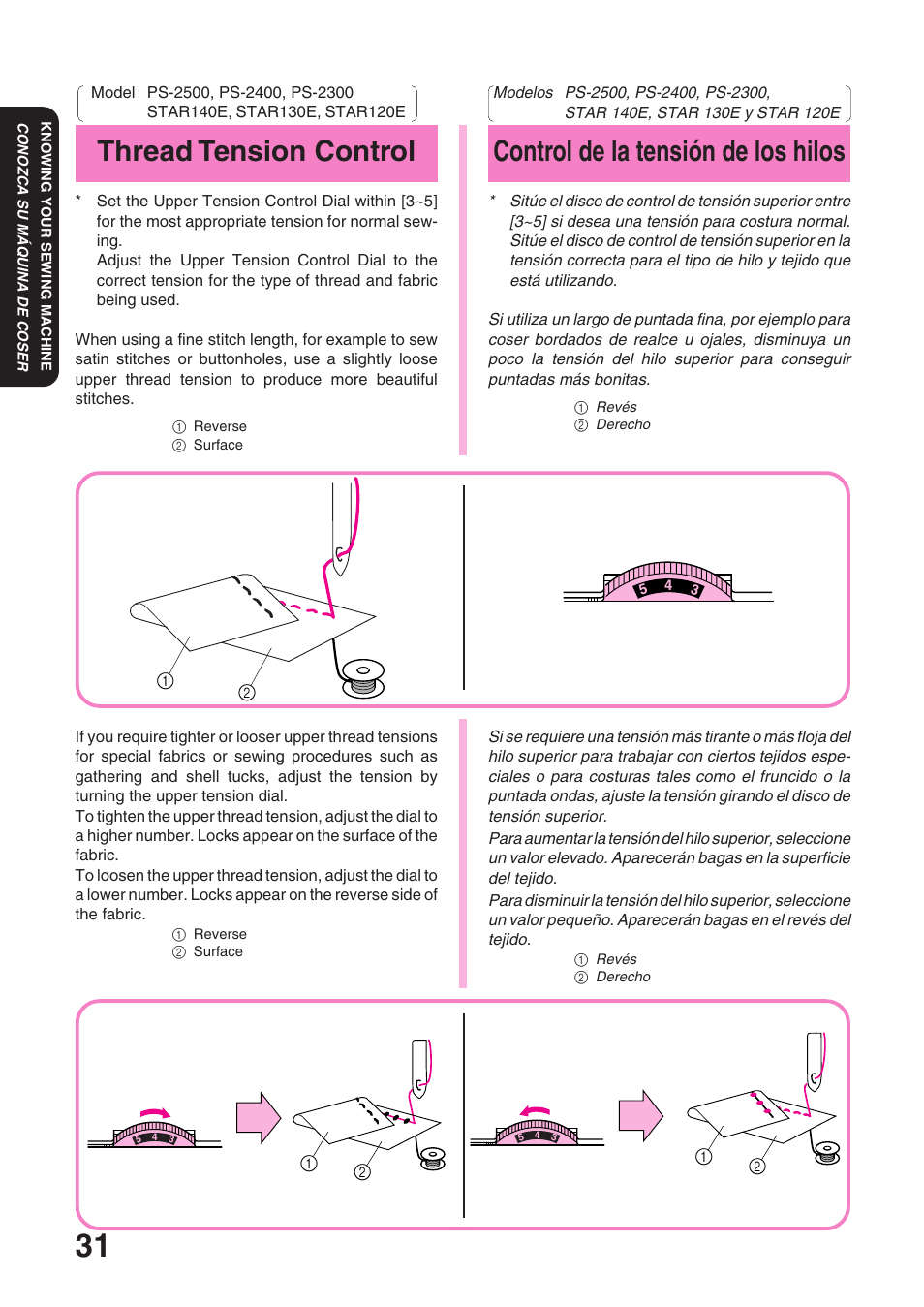 Control de la tensión de los hilos, Thread tension control | Brother STAR 120E User Manual | Page 38 / 93