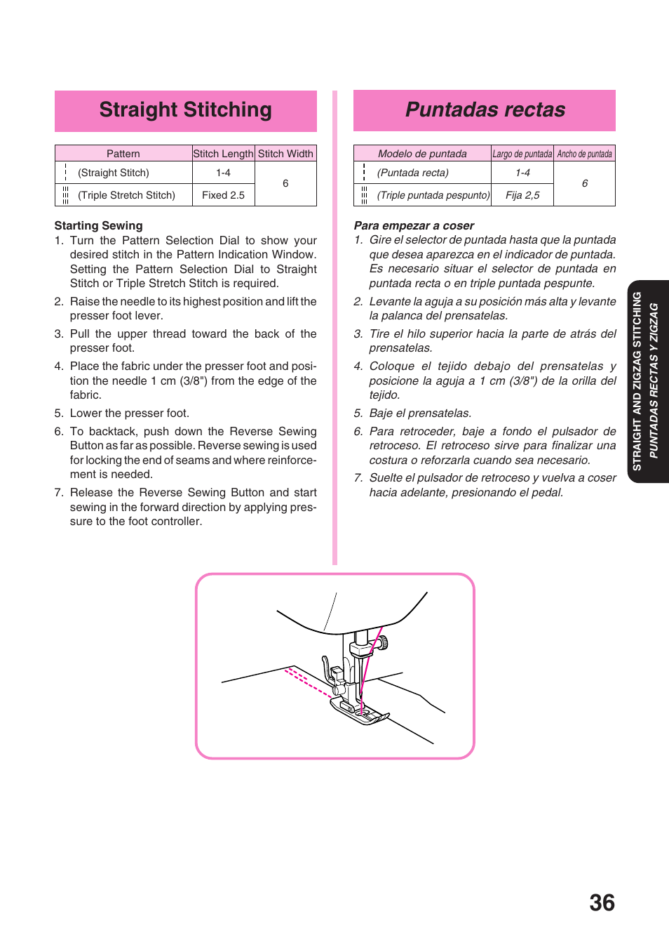 Puntadas rectas, Straight stitching | Brother STAR 120E User Manual | Page 43 / 93