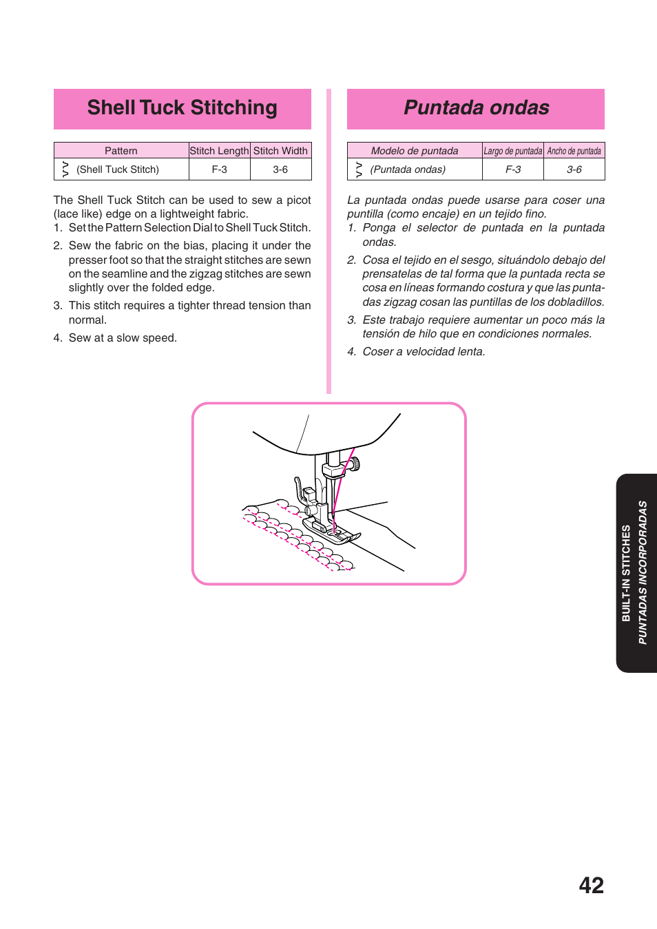 Puntada ondas, Shell tuck stitching | Brother STAR 120E User Manual | Page 49 / 93