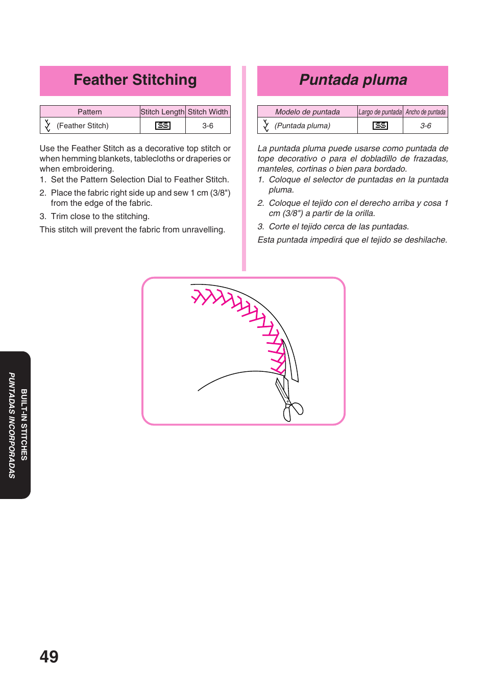 Puntada pluma, Feather stitching | Brother STAR 120E User Manual | Page 56 / 93