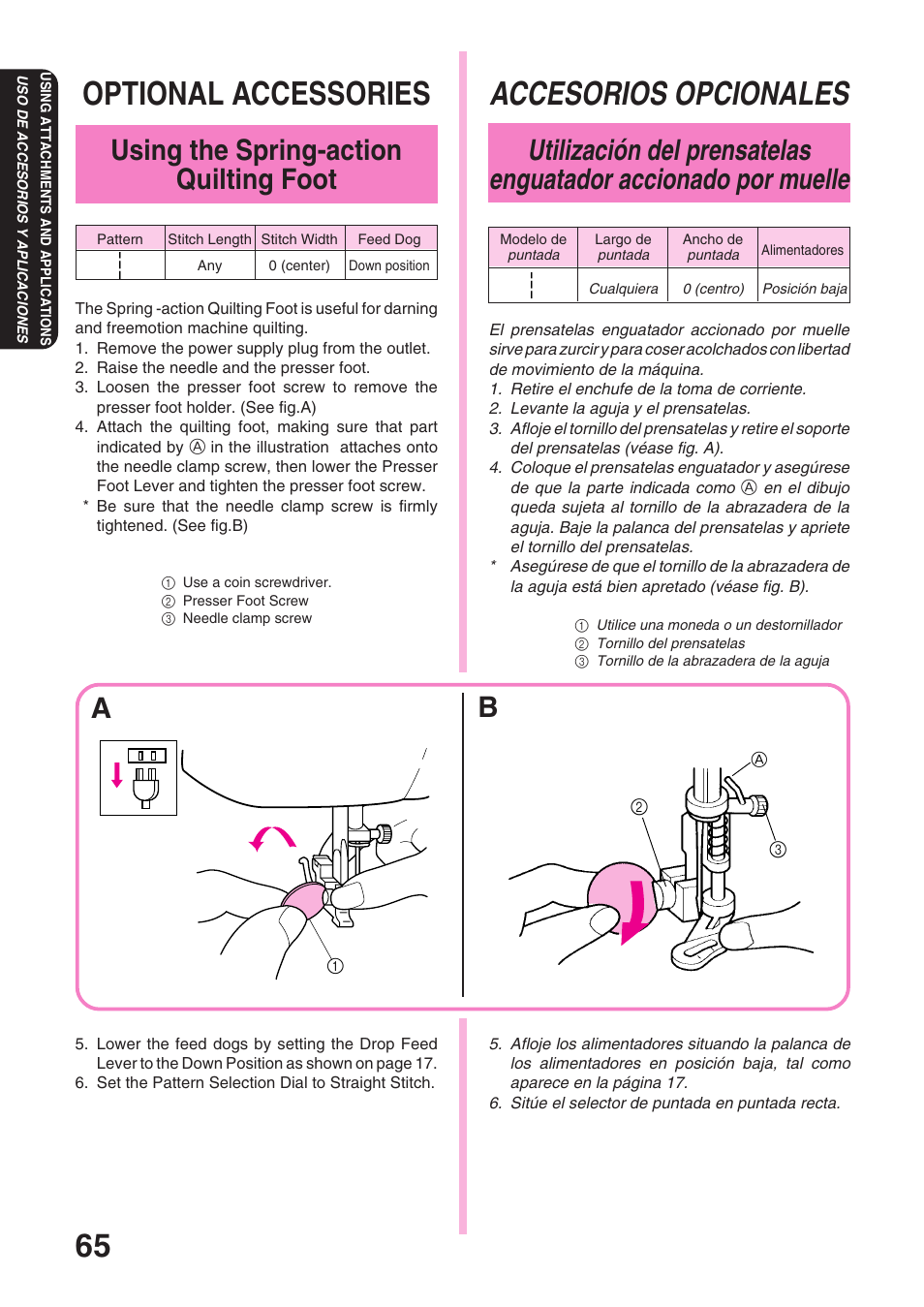 Optional accessories, Accesorios opcionales, Using the spring-action quilting foot | Brother STAR 120E User Manual | Page 72 / 93