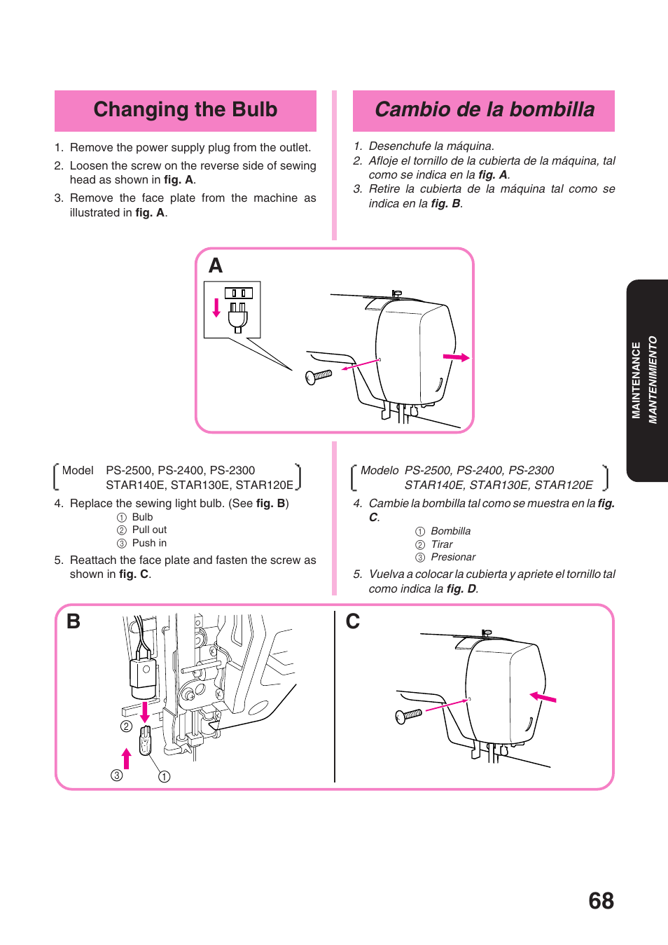 Cambio de la bombilla, Changing the bulb | Brother STAR 120E User Manual | Page 75 / 93