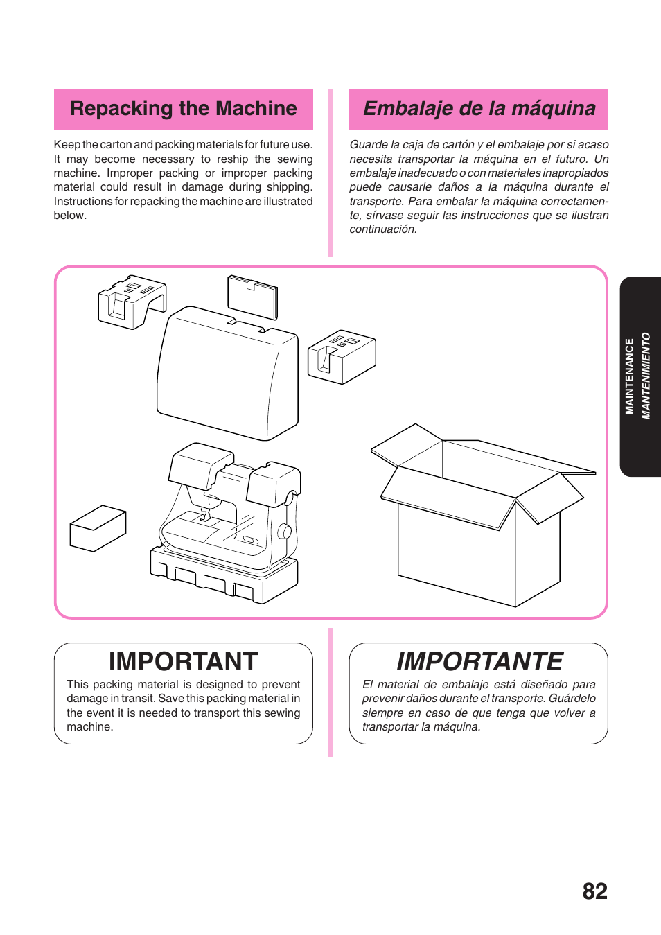 Important, Importante, Embalaje de la máquina | Repacking the machine | Brother STAR 120E User Manual | Page 89 / 93