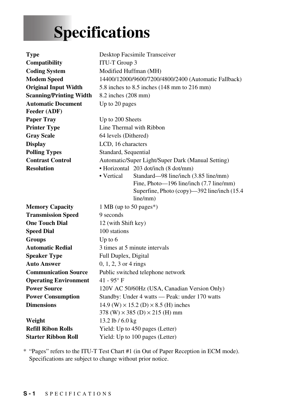 Specifications | Brother IntelliFAX 1575MC User Manual | Page 106 / 116