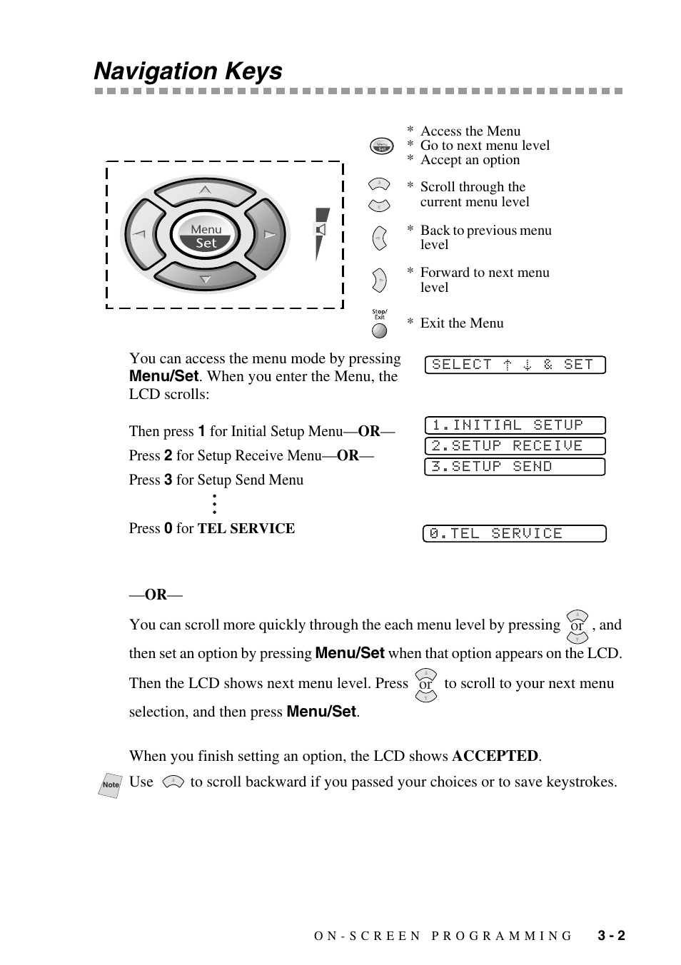 Navigation keys -2, Navigation keys | Brother IntelliFAX 1575MC User Manual | Page 31 / 116