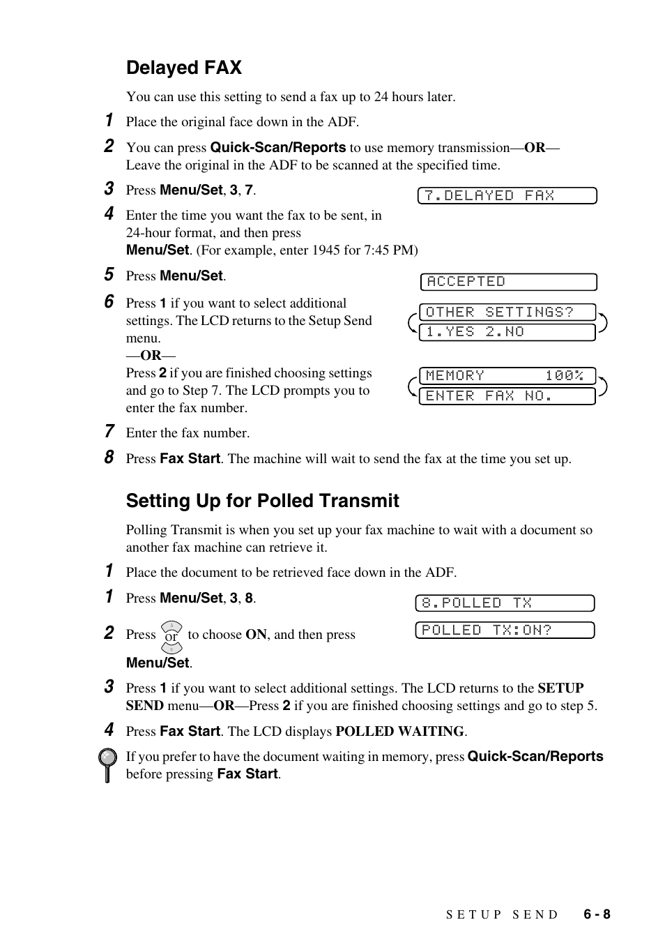 Delayed fax -8 setting up for polled transmit -8, Delayed fax, Setting up for polled transmit | Brother IntelliFAX 1575MC User Manual | Page 57 / 116