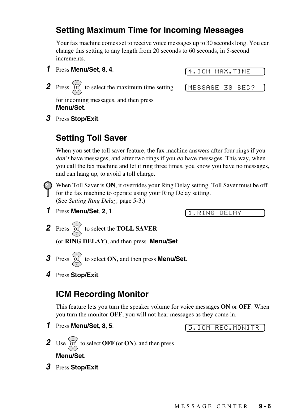 Setting maximum time for incoming messages, Setting toll saver, Icm recording monitor | Brother IntelliFAX 1575MC User Manual | Page 79 / 116