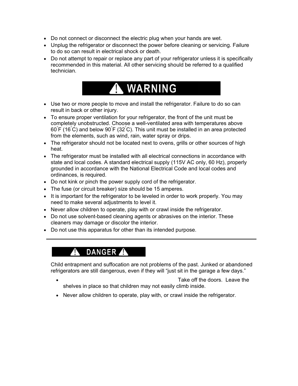 Save these instructions, Risk of child entrapment | Summit FF511LBIADA Series User Manual | Page 3 / 12